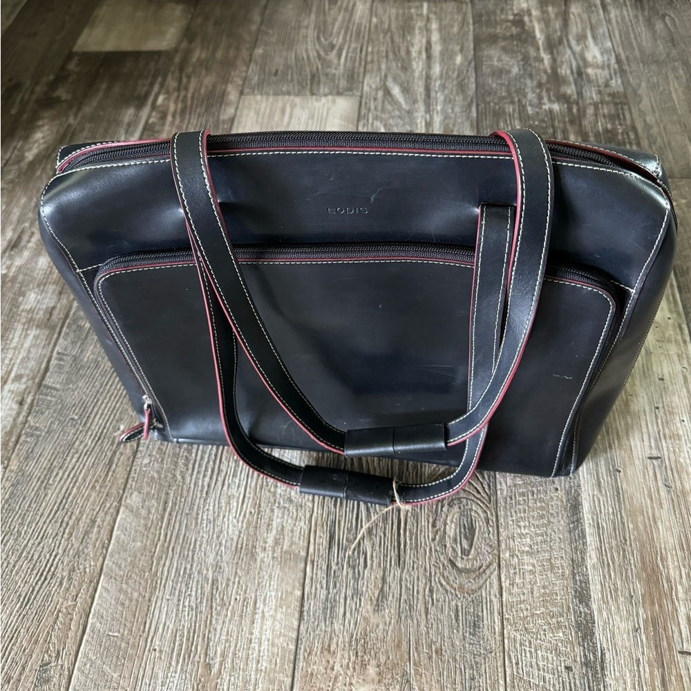 LODIS BEAUTIFUL LEATHER BLACK WITH RED TRIM LAPTOP BRIEFCASE